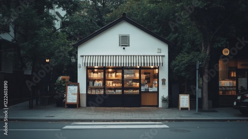 Fototapeta Naklejka Na Ścianę i Meble -  Small white shop with awning at dusk.
