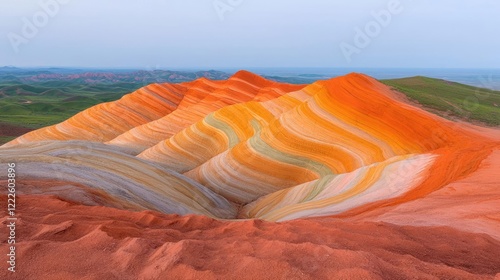 Colorful striped sandstone hills, Zhangye Danxia, China; scenic landscape background for travel brochures photo