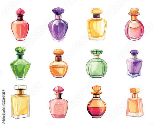 Perfume glass bottles set. Cosmetic fragrant spray perfumery. Liquid lady man product gift. Aroma smell perfumery design elements. Cartoon style isolated vector clipart collection