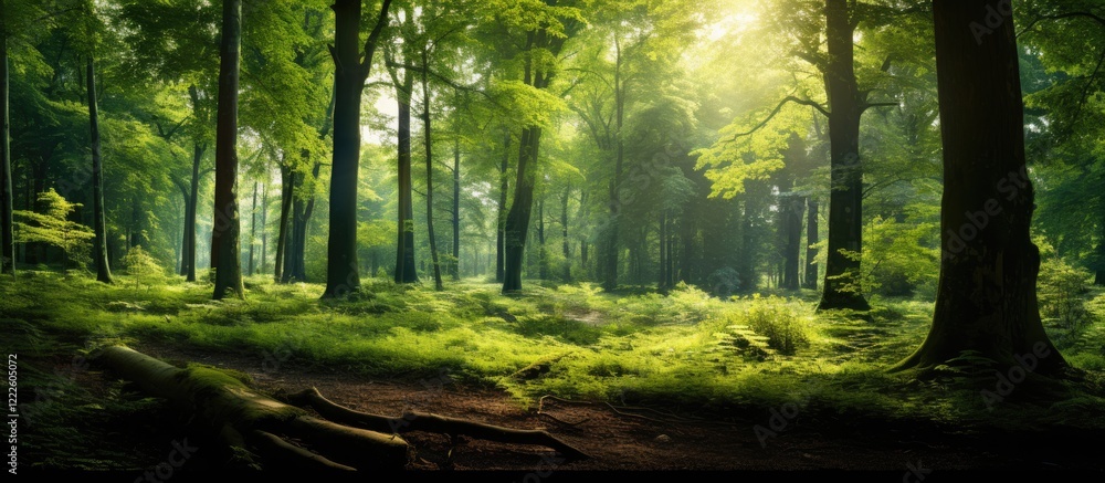 Obraz premium Lush green forest with sun rays filtering through trees creating a serene atmosphere on the forest floor with vibrant foliage and shadows.