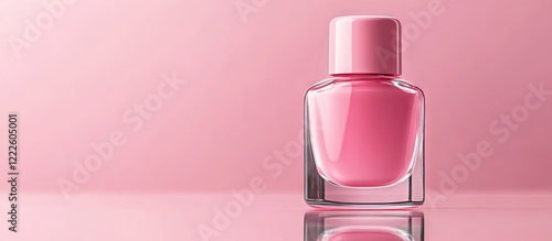 Elegant pink nail polish bottle on a soft pink background positioned to the right with a glossy reflection enhancing its beauty and sophistication photo