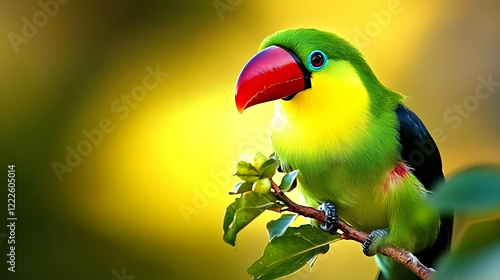 Crimson-rumped Toucanet perches gracefully on a branch, bathed in golden light, vibrant plumage.