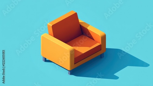 Isometric Orange Armchair Illustration on Light Blue Background with Soft Shadow