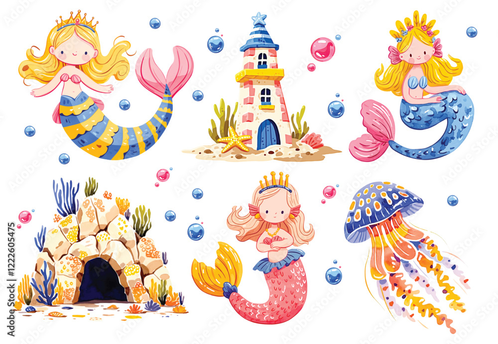 Obraz premium Watercolor hand painting set Mermaid. Illustration isolated on white background. Sea, coral, fish, water, ocean. Use it for cards, invitations and scrapbooking.