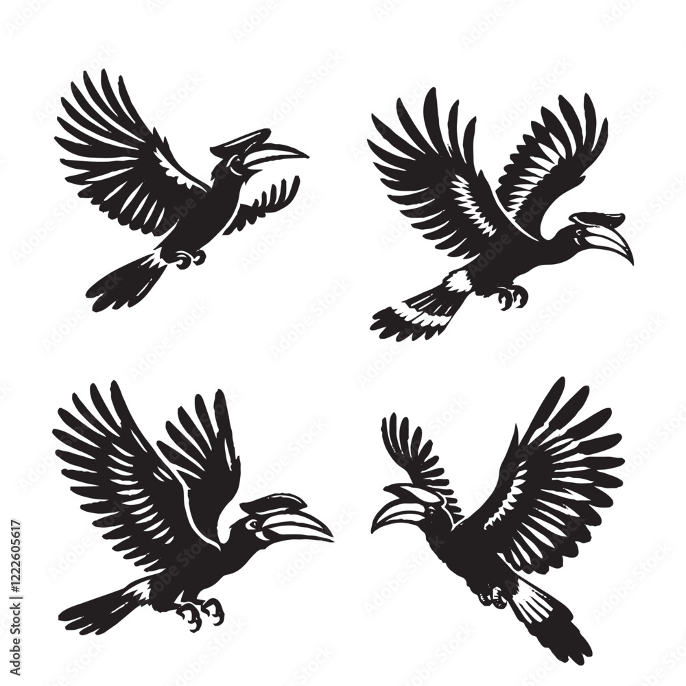 Fototapeta premium High-Quality Vector Silhouette of a Flying Hornbill on White Background