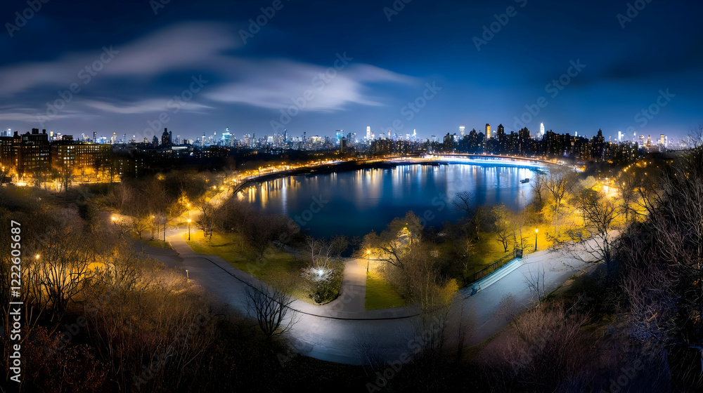 Obraz premium Cityscape Reflects in Tranquil River at Night with Illuminated Park and Cloudy Sky