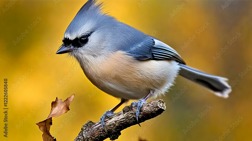 Tufted Titmouse Perches Alertly on a Branch with Golden Autumn Background. Tufted Titmouse Perches Alertly on a Branch with Golden Autumn Background.