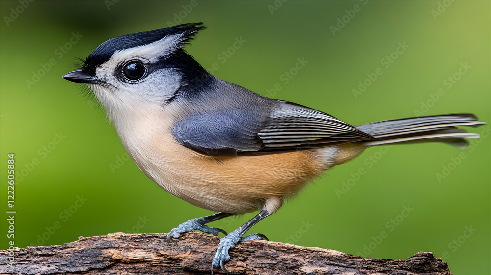 Obraz premium Tufted Titmouse Perches Alertly on a Branch with a Smooth Green Background