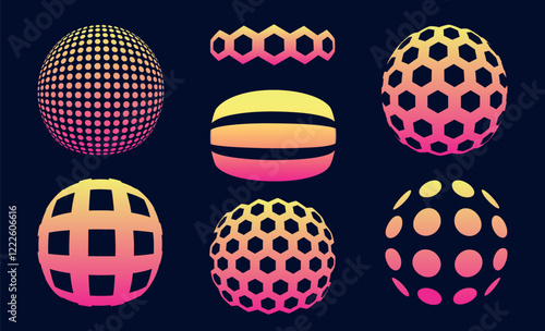 Modern and abstract vector icon set featuring three-dimensional spheres representing technology, science, and innovation. Virtual reality, with smooth gradients, spotted textures, and twisted shapes