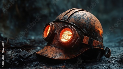 Rusty, Glowing Helmet: A Technological Marvel of the Past. A Detailed, Industrial Retro Design. A Dark, Close-Up View of the Abandoned Equipment. photo