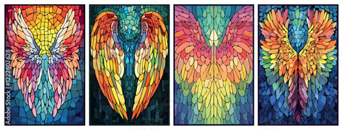 Vertical posters set with angel wings. Cathedral church grass material home interior decoration religion spirituality window. Christianity concepts banner backdrop. Flat cartoon style illustration