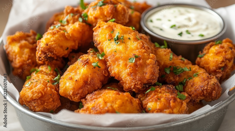 A bowl of crispy fried chicken wings served with a creamy dipping sauce. A bowl of crispy fried chicken wings served with a creamy dipping sauce.