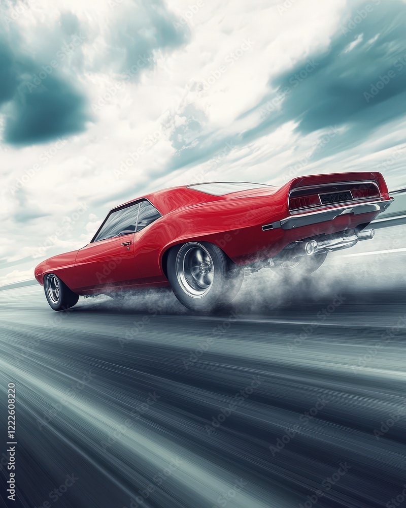 Fototapeta premium A 1960s muscle car with a roaring engine captured mid-race