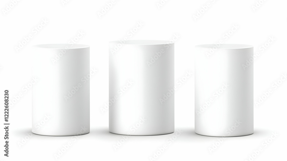 Three Blank White Cylindrical Product Display Stands Showcase Minimalist Elegance on a White Background. Three Blank White Cylindrical Product Display Stands Showcase Minimalist Elegance on a White Background.