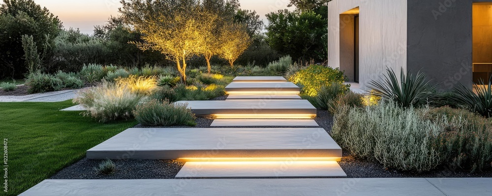 Obraz premium Minimalist home concept. A serene garden path illuminated by warm lights and surrounded by lush greenery.