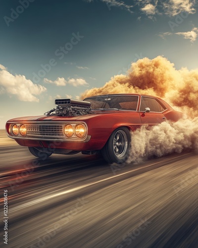 A 1960s muscle car with a roaring engine captured mid-race