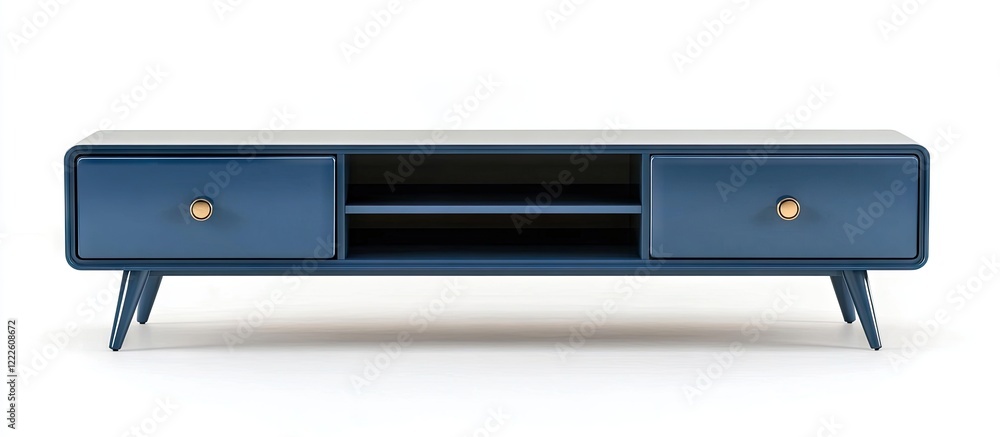 Modern blue wood TV stand with practical drawer cabinets, sleek design, two drawers on each side, and an open shelf in the center for electronics. Modern blue wood TV stand with practical drawer cabinets, sleek design, two drawers on each side, and an open shelf in the center for electronics.