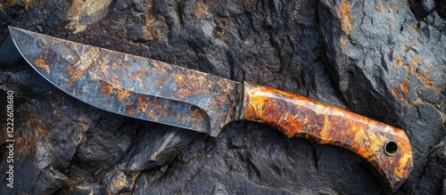 Rustic hunting knife with a marbled steel blade and vibrant orange-brown handle resting on dark textured rock surface capturing outdoor craftsmanship. photo