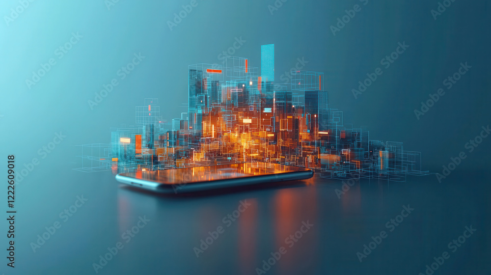 Fototapeta premium glowing 3D digital cityscape emerges from mobile phone, symbolizing futuristic technology and innovation
