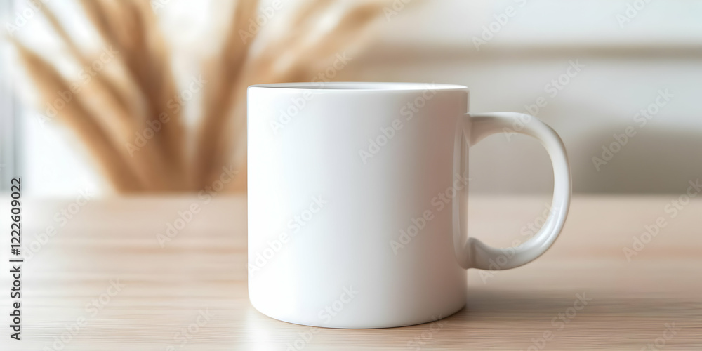 Blank White Cylinder Mug Mockup Stands on Table with Blurred Pampas Grass Background Blank White Cylinder Mug Mockup Stands on Table with Blurred Pampas Grass Background