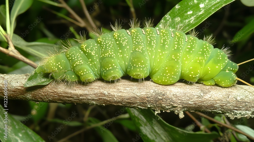 Fototapeta premium Vibrant Green Caterpillar on Branch Closeup Macro Photography