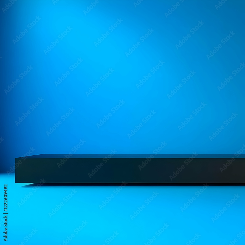 3D Illustration of Empty Black Platform on Blue Background with Soft Lighting 3D Illustration of Empty Black Platform on Blue Background with Soft Lighting
