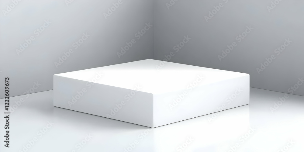 White Cube Sits on a Reflective Surface in a Corner of a Room with Soft Lighting White Cube Sits on a Reflective Surface in a Corner of a Room with Soft Lighting