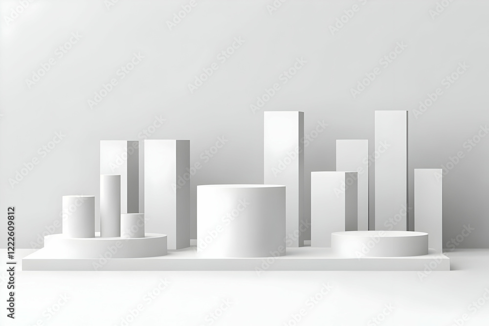 3D White Geometric Shapes Form a Modern, Minimalist Product Display on a Pristine Background. 3D White Geometric Shapes Form a Modern, Minimalist Product Display on a Pristine Background.
