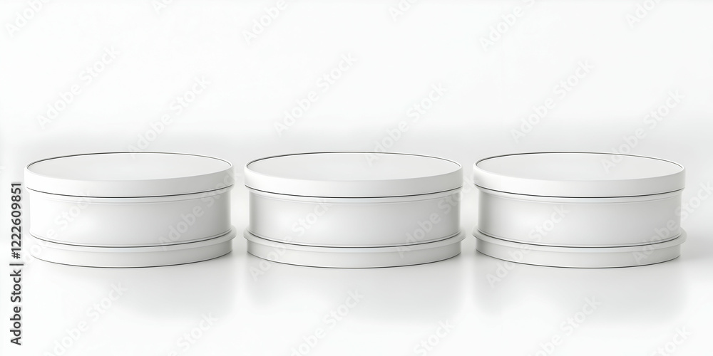 Obraz premium Three White Round Storage Containers with Lids on a White Background