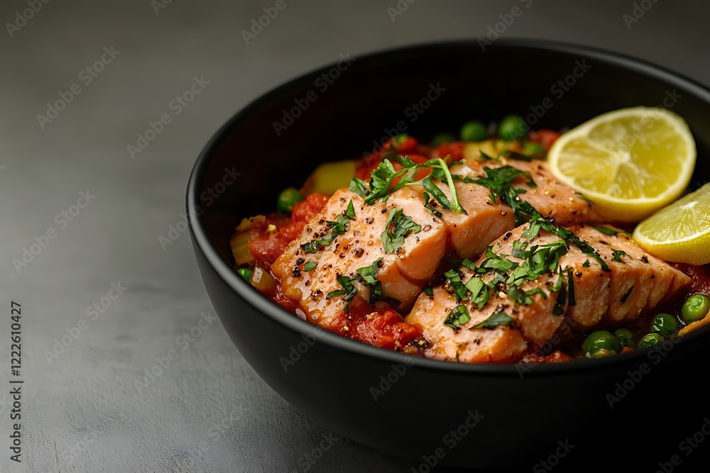 A delicious bowl of salmon with herbs, served with lemon slices and accompanied by green peas, showcasing a healthy meal option. A delicious bowl of salmon with herbs, served with lemon slices and accompanied by green peas, showcasing a healthy meal option.