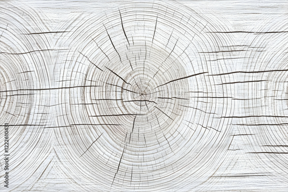 Obraz premium Whitewashed Wood Cross-Section Showing Growth Rings and Cracks Creates a Rustic Texture