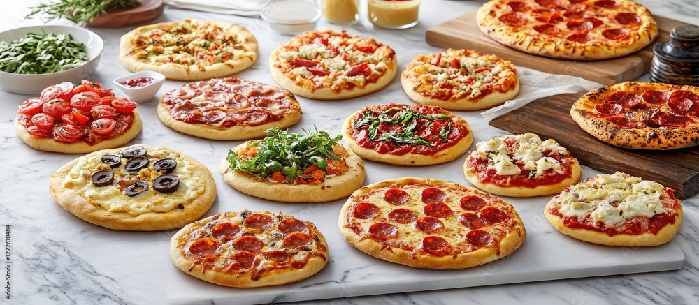 Homemade pizzas featuring vibrant toppings on a white marble surface, arranged aesthetically with fresh herbs and sauces in the background. Homemade pizzas featuring vibrant toppings on a white marble surface, arranged aesthetically with fresh herbs and sauces in the background.