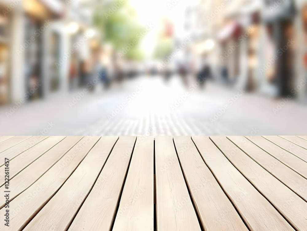 Empty Wooden Table Top with Blurred City Street Background Empty Wooden Table Top with Blurred City Street Background