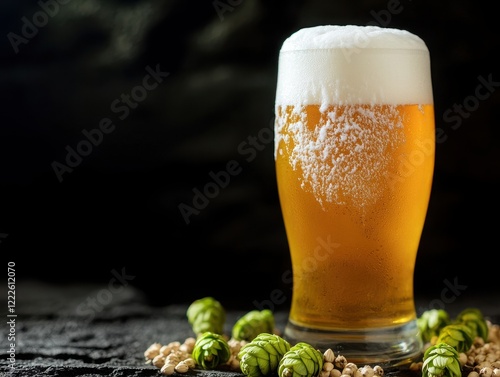 A refreshing beer with frothy foam served in a glass, accompanied by hops and malt on a rustic surface. photo