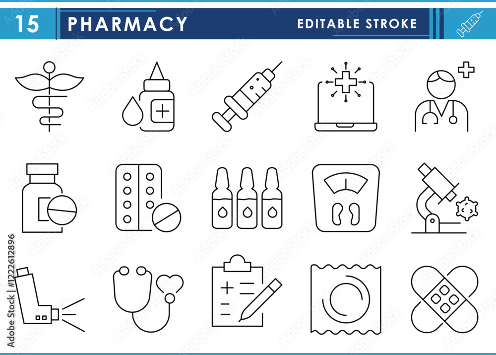 A set of line icons related to Pharmacy. Medical, syringe, medicine, digital, symbol, microscope, health, health report, and so on. Vector editable stroke. A set of line icons related to Pharmacy. Medical, syringe, medicine, digital, symbol, microscope, health, health report, and so on. Vector editable stroke.