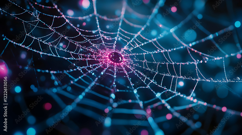 Obraz premium Glowing Blue And Pink Points Forming A Complex Digital Web, Symbolizing Virtual Networks And Communication. Generative AI