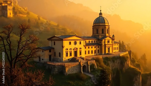 Golden Sunset Illuminates Hilltop Church and Castle