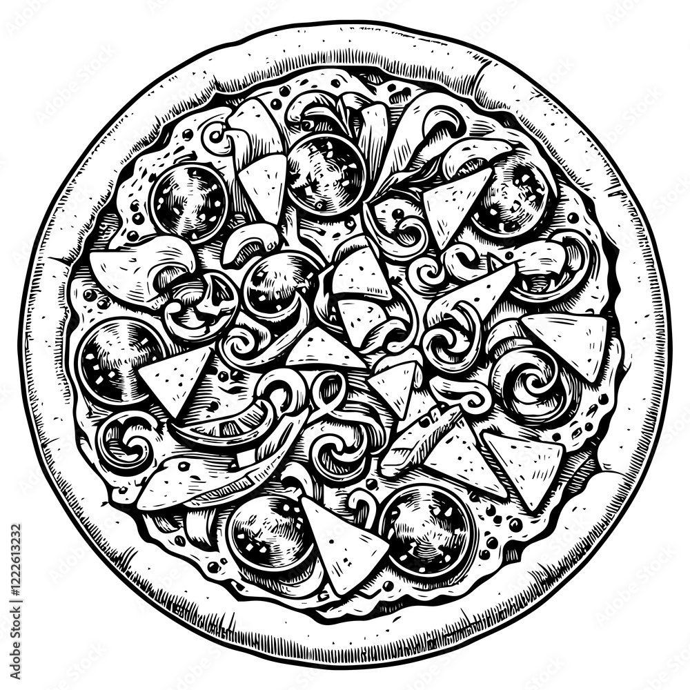Pizza with Toppings engraving raster illustration Pizza with Toppings engraving raster illustration