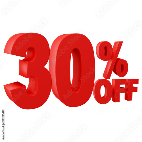 Number 30 percent off red color 3d sign percent discount on isolated background.red and White on a Transparent Background