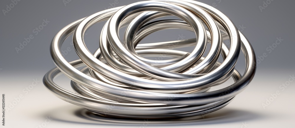 Dynamic silver metal rings intertwined in an abstract pattern, showcasing smooth curves and a shiny reflective surface on a soft grey background. Dynamic silver metal rings intertwined in an abstract pattern, showcasing smooth curves and a shiny reflective surface on a soft grey background.