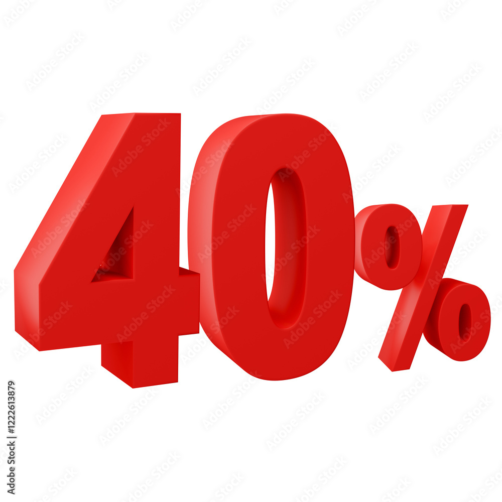 Number 40 percent of red color 3d sign percent discount on isolated background.red and White on a Transparent Background Number 40 percent of red color 3d sign percent discount on isolated background.red and White on a Transparent Background