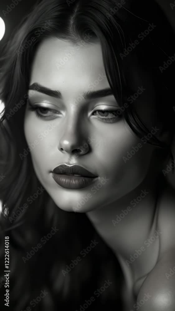 Woman's expression evolves from calm to contemplative across three monochrome frames Woman's expression evolves from calm to contemplative across three monochrome frames