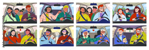 People driving car. Family road trip cartoon characters in automobile, couple driving on date, man woman travel with dog, driver with passenger. Vector car interior set