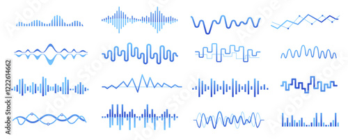 Audio podcast sound wave. Music song waveform, radio broadcast voice track, equalizer curve pulse, sound vibration amplitude level. Vector isolated set