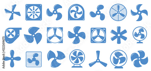 Cooling fan icons. Electric engine rotor propeller symbols, industrial car transport equipment ventilation system elements. Vector isolated set