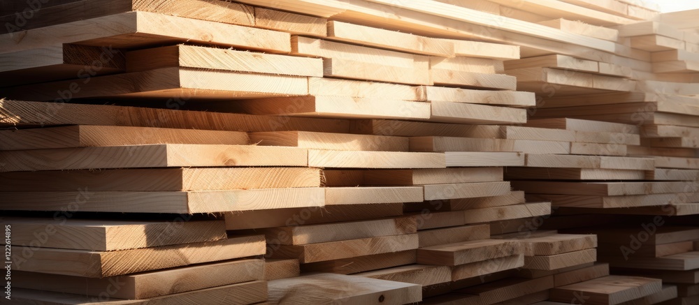 Stack of neatly arranged light-colored lumber planks in a residential construction site with soft natural lighting and a blurred background. Stack of neatly arranged light-colored lumber planks in a residential construction site with soft natural lighting and a blurred background.