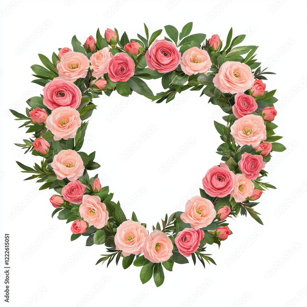 Heart-Shaped Floral Wreath with Pink and Peach Roses and Green Leaves Arrangement Heart-Shaped Floral Wreath with Pink and Peach Roses and Green Leaves Arrangement