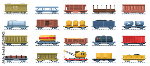 Freight train. Railroad locomotive transport and rail cargo carriages, railway wagon platform with containers for transport goods, train shipment delivery. Vector set