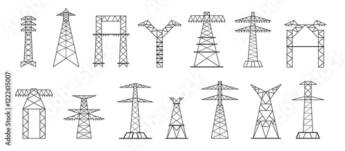 Electric pylon. High voltage power transmission line tower, electricity grid network pole construction, industrial energy supply pylon equipment. Vector isolated set