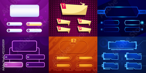Trivia game template. Quiz interface layout for web and mobile app with quizzes question and answer screen, quizzes multiple choice layout score page. Vector quizzical mockup